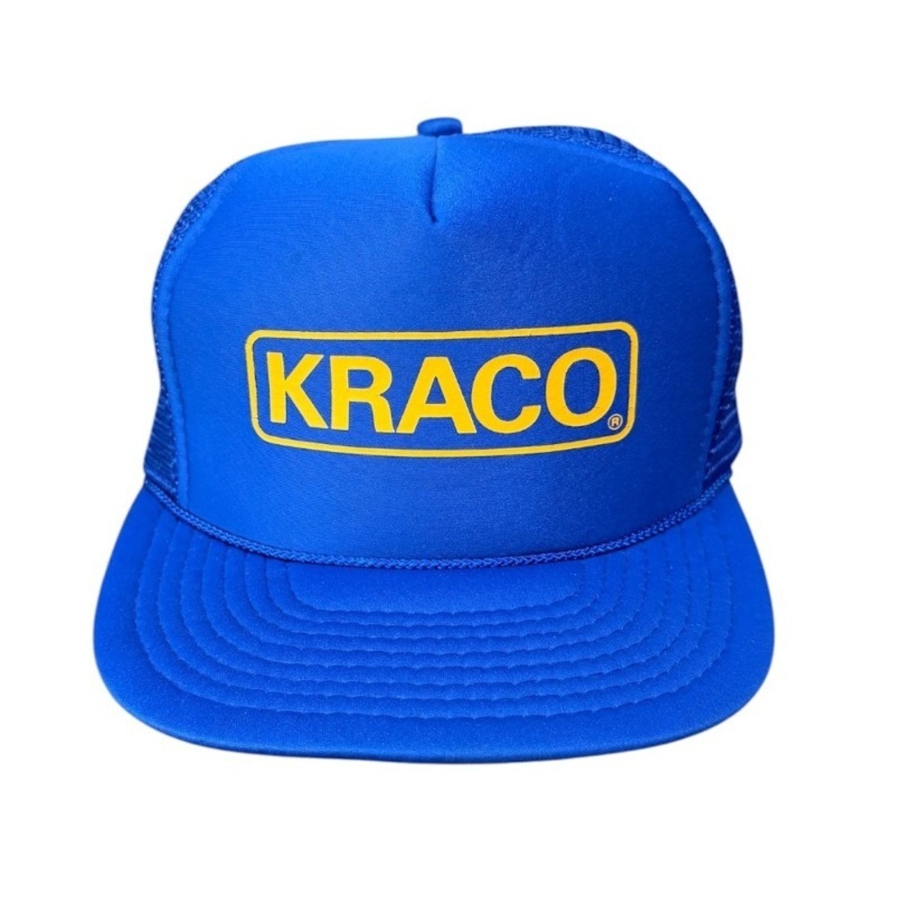 Vintage 80s 90s Kraco Automotive Blue Logo Mesh Snapback Cap Nissin Trucker Hat